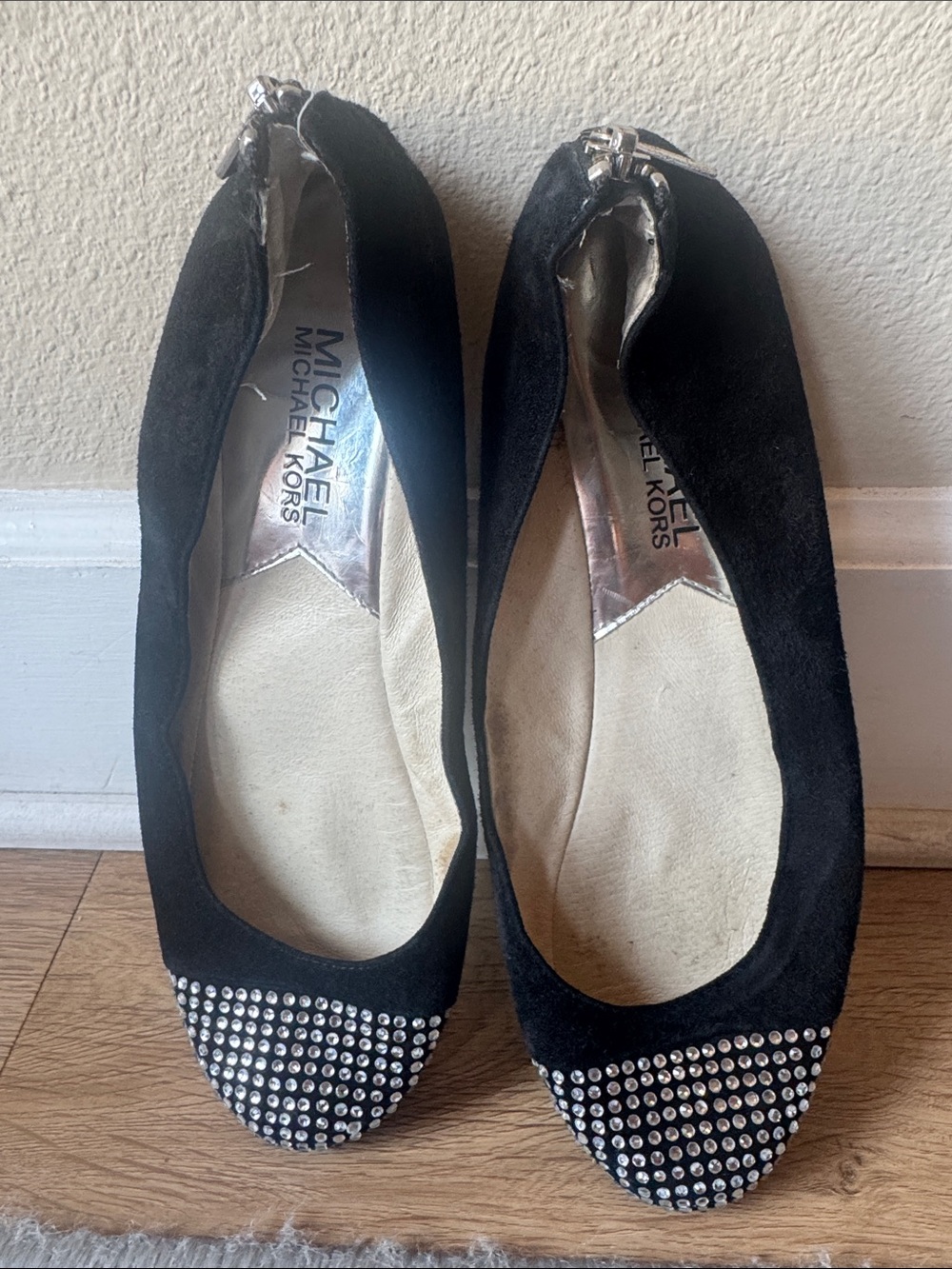 Michael Kors Black Suede Crystal Toe Ballet Flats